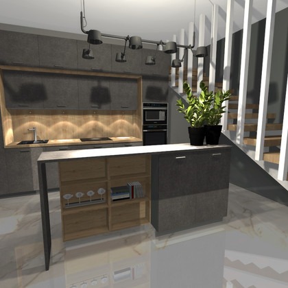 Wizualizacja nowoczesnej kuchni z szarymi frontami, drewnianymi akcentami i wyspą z półkami na książki i dekoracje, na tle schodów z białymi balustradami.