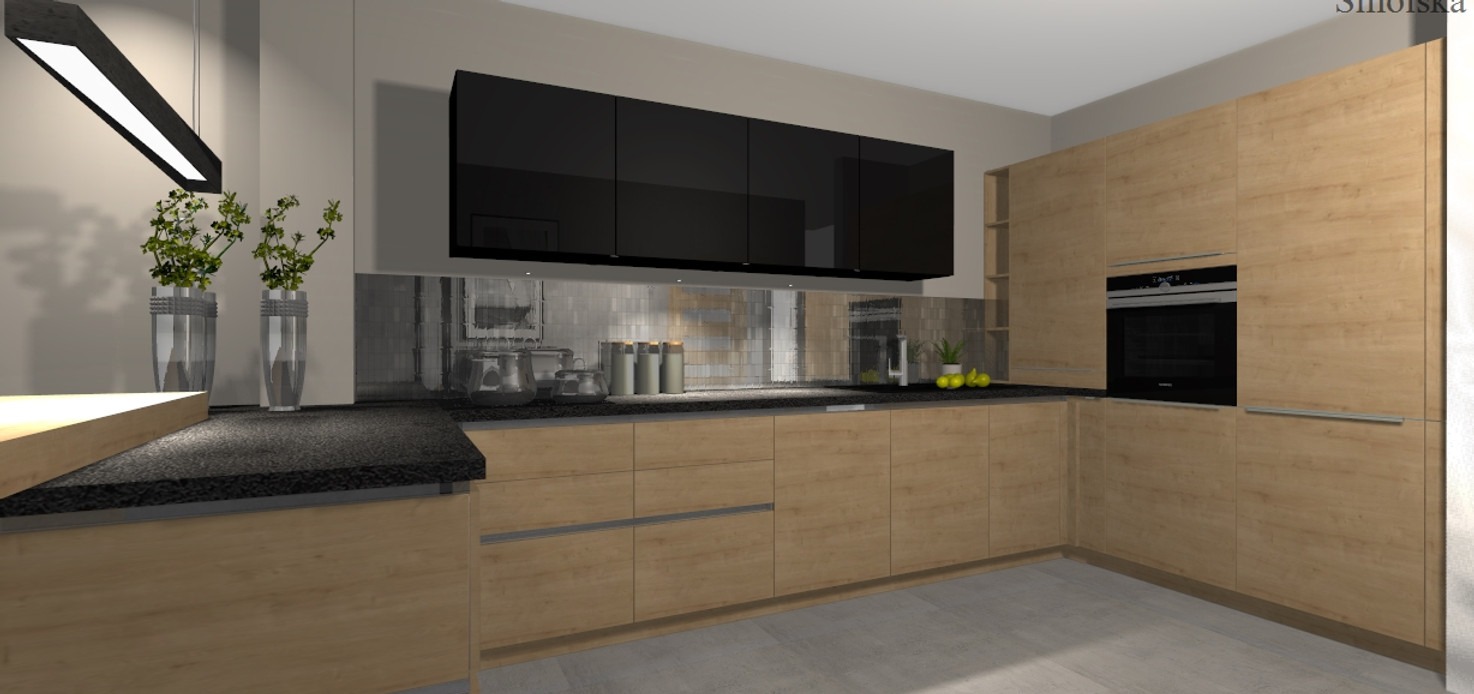 Wizualizacja kuchni z drewnianymi frontami, czarnym blatem i szafkami wiszącymi z czarnymi, błyszczącymi frontami, oświetleniem podszafkowym i dekoracyjnym panelem nad blatem.