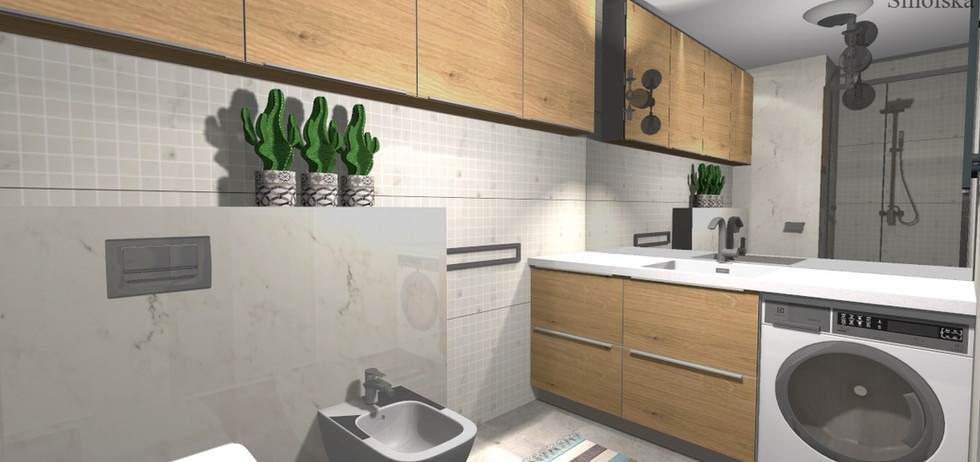 Wizualizacja łazienki z drewnianymi szafkami, umywalką w blacie, pralką, bidetem i kabiną prysznicową w tle. Na blacie trzy małe kaktusy w ozdobnych doniczkach.