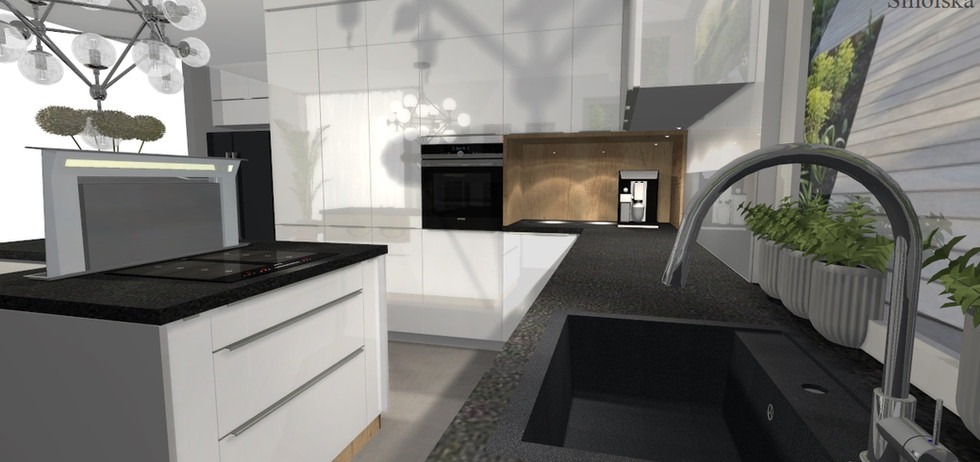 Wizualizacja nowoczesnej kuchni z białymi, lakierowanymi frontami, czarnym blatem i płytą indukcyjną z pochłaniaczem blatu. Na blacie przy oknie rząd doniczek z zielonymi roślinami. W tle zabudowa...