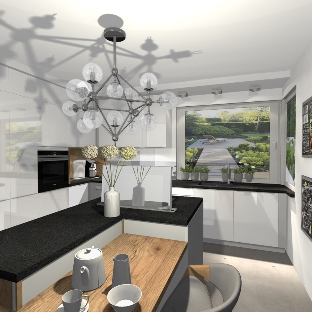 Wizualizacja nowoczesnej kuchni z białymi, lakierowanymi frontami, czarnym blatem, drewnianym stołem i designerską lampą sufitową z kulistymi kloszami, z widokiem na ogród przez okno.