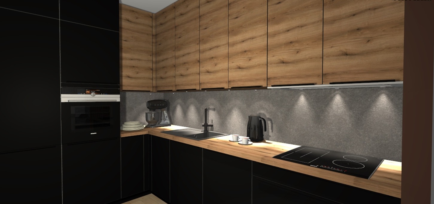 Nowoczesna kuchnia z czarnymi frontami dolnych szafek i drewnopodobnymi górnymi szafkami, oświetleniem punktowym pod szafkami, czarną armaturą i sprzętem AGD, w tym piekarnikiem Siemens i mikserem...