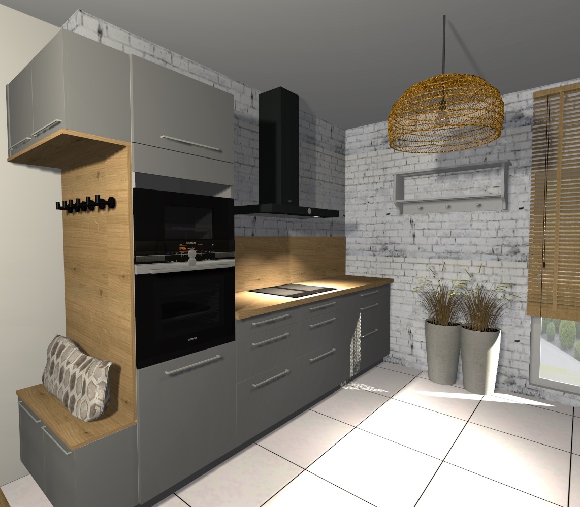 Wizualizacja szarej kuchni z drewnianymi akcentami, zabudowaną piekarnikiem i mikrofalówką Siemens, czarnym okapem, wiszącą lampą z wikliny i dekoracyjną ścianą z białej cegły.