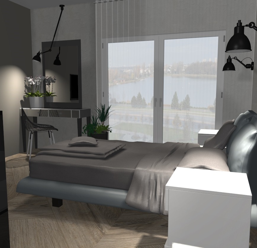 Nowoczesna sypialnia z łóżkiem w odcieniach szarości, biurkiem z lustrem i widokiem na jezioro za oknem.