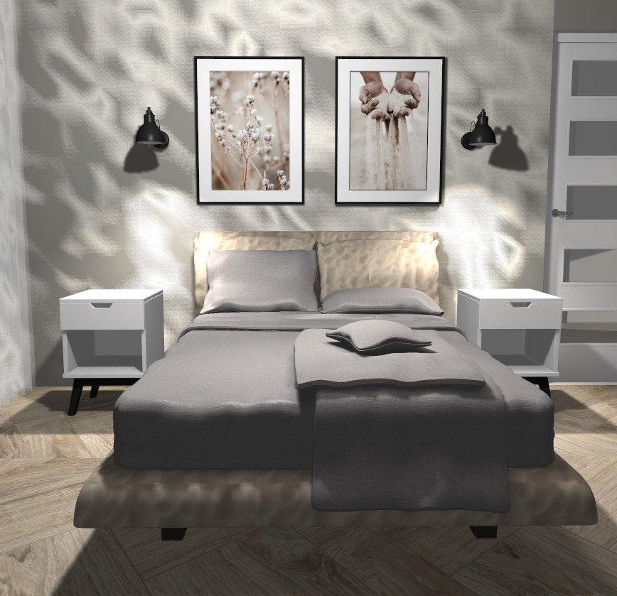 Nowoczesna sypialnia z łóżkiem w odcieniach szarości, białymi szafkami nocnymi z czarnymi nóżkami, dwoma obrazami w czarnych ramkach nad łóżkiem i czarnymi lampami ściennymi po bokach, na parkiecie...