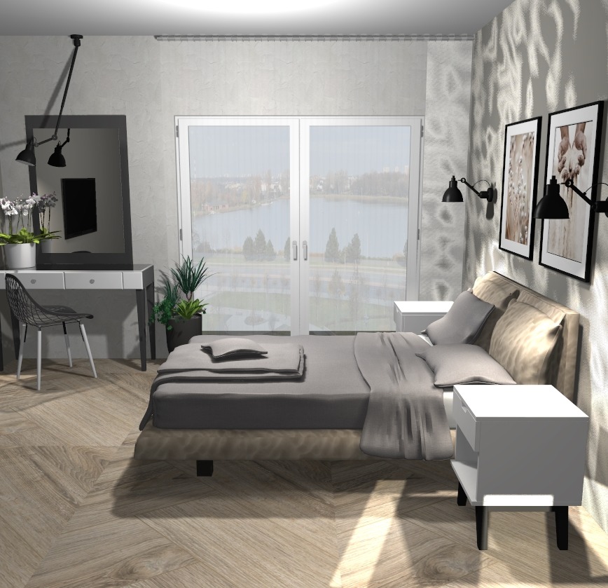 Wizualizacja sypialni z łóżkiem, toaletką z lustrem i widokiem na jezioro za oknem balkonowym. Szare odcienie dominują w pościeli i wykończeniu, a drewniana podłoga dodaje ciepła.