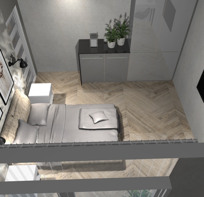 Wizualizacja sypialni z łóżkiem w jasnej pościeli, szafką nocną, komodą z roślinami doniczkowymi i oknem z widokiem na zieleń.