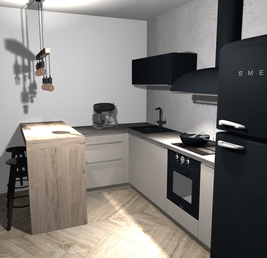 Nowoczesna kuchnia z blatem barowym z jasnego drewna, czarnym sprzętem AGD SMEG, minimalistycznym oświetleniem i podłogą w jodełkę.