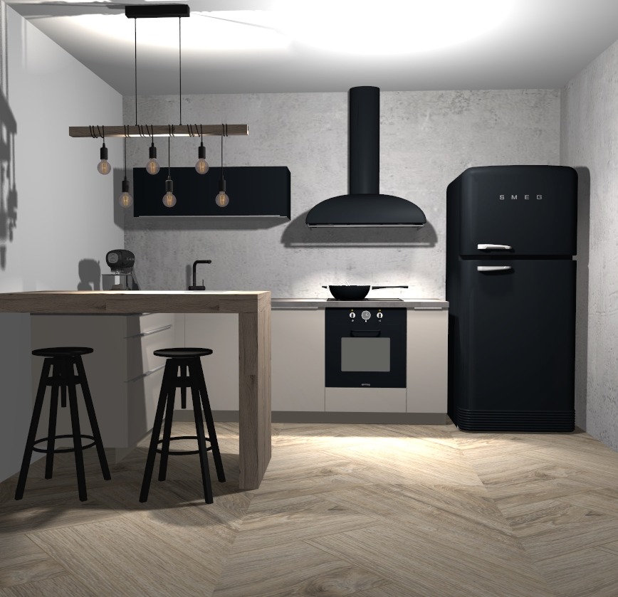 Nowoczesna kuchnia: czarne sprzęty SMEG, drewniany blat stołu barowego z hokerami, wisząca lampa z żarówkami Edisona, jasna podłoga w jodełkę.