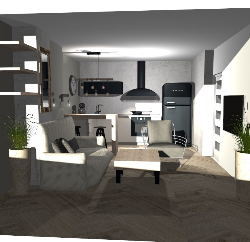 Wizualizacja wnętrza: jasna kuchnia z czarnymi akcentami, wyspą i sprzętami AGD Smeg, połączona z częścią wypoczynkową z sofą i stolikiem kawowym, całość w stylu minimalistycznym.