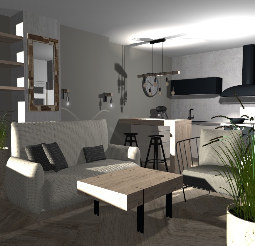 Wizualizacja wnętrza z kanapą, stolikiem kawowym i aneksem kuchennym z wyspą, oświetlonym wiszącymi lampami. Stylizacja w odcieniach szarości z drewnianymi akcentami i minimalistycznym wystrojem.