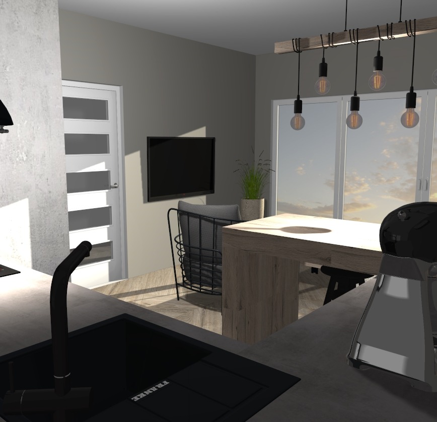 Wizualizacja nowoczesnej kuchni z wyspą, czarnym zlewem Franke i baterią, widok na salon z telewizorem i krzesłem w tle, oświetlenie wiszące z żarówkami Edison.