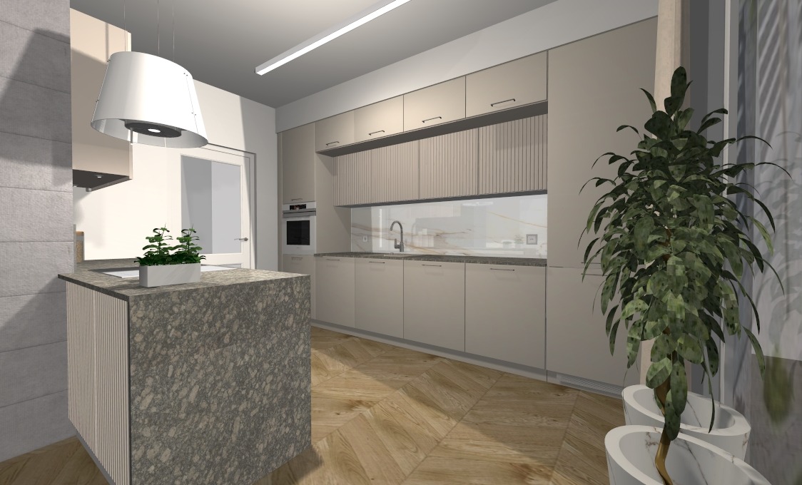 Wizualizacja beżowej kuchni z wyspą o blacie z szarego granitu, oświetleniem LED i drewnianą podłogą w jodełkę, z rośliną doniczkową w tle.