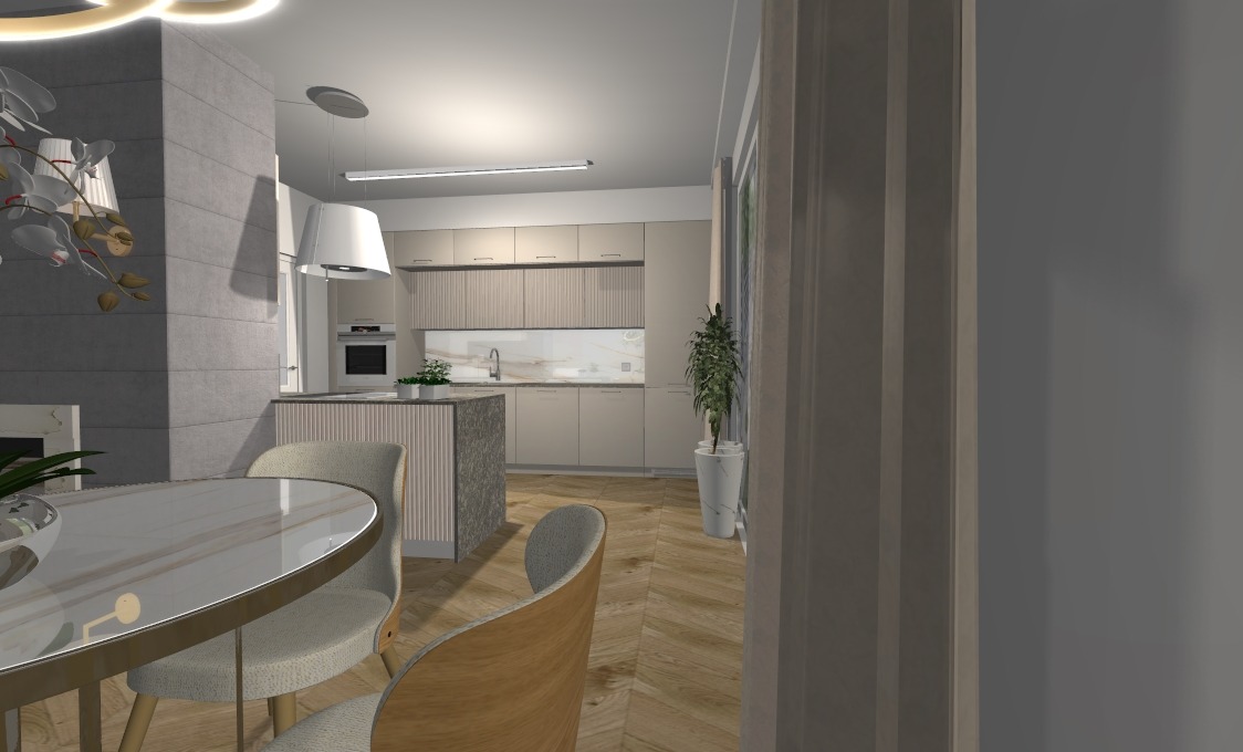 Wizualizacja wnętrza kuchni z wyspą, beżowe fronty szafek z delikatnym frezowaniem, okrągły stół z marmurowym blatem i szare krzesła, parkiet w jodełkę.