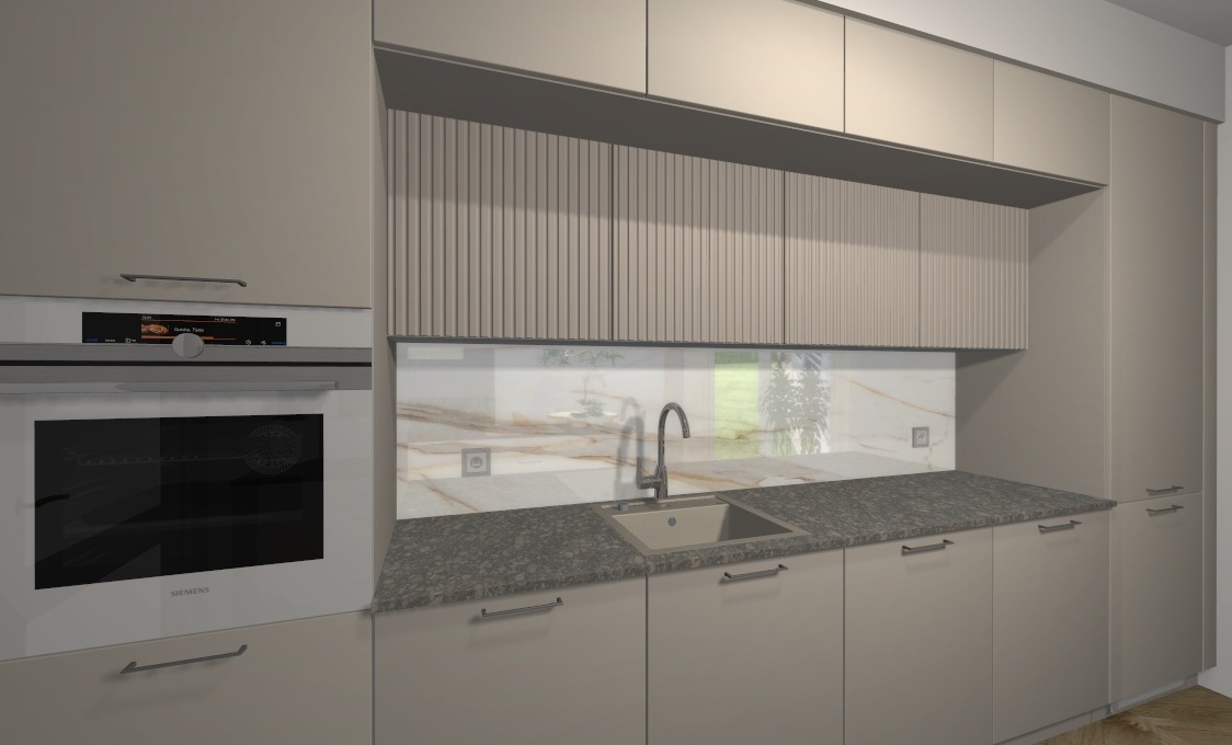 Nowoczesna kuchnia w odcieniach beżu z blatem imitującym kamień, widoczny piekarnik marki Siemens i szafki górne z ryflowanymi frontami.