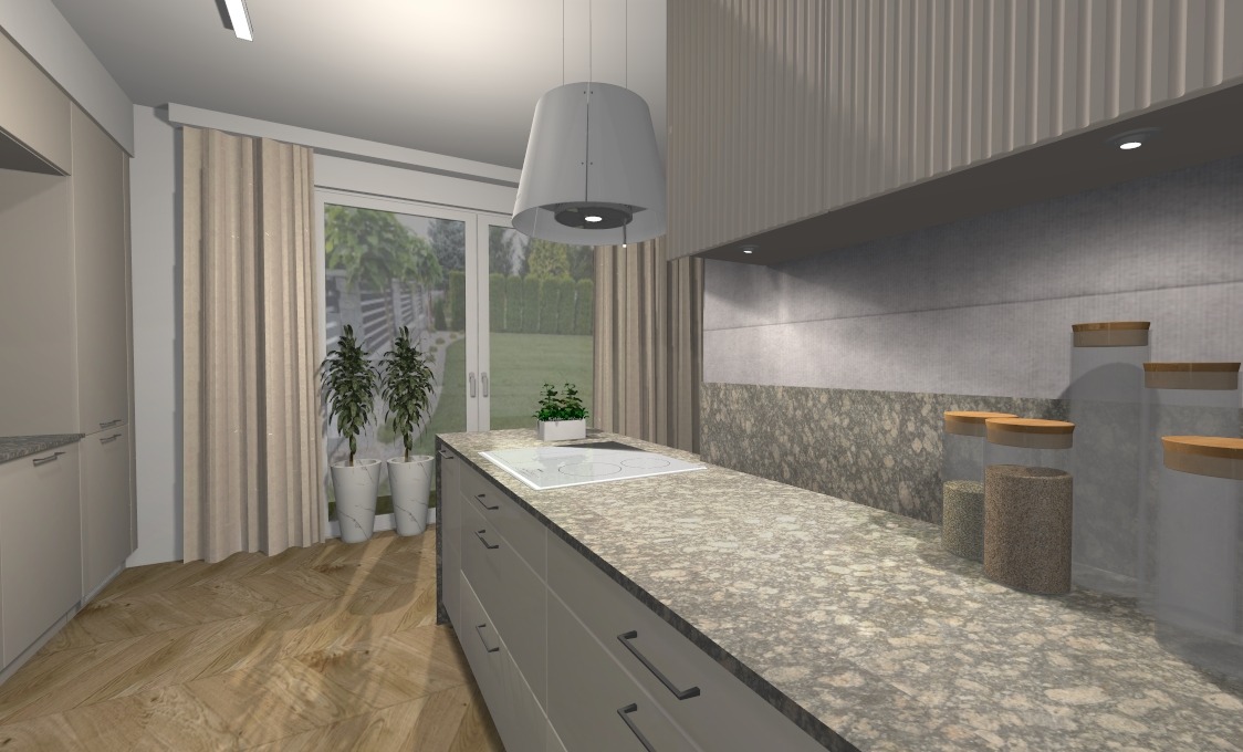 Wizualizacja nowoczesnej kuchni z wyspą, szarymi frontami szafek, blatem z kamienia, białymi płytami grzewczymi, okapem w kształcie stożka, drewnianą podłogą w jodełkę i widokiem na ogród przez okno.