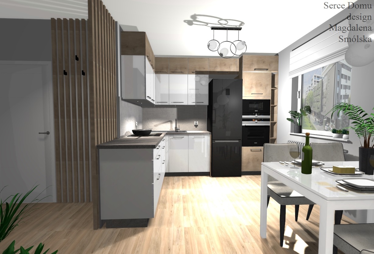 Wizualizacja nowoczesnej kuchni z białymi i drewnianymi szafkami, czarną lodówką oraz stołem jadalnym z butelką wina, z widokiem na miasto za oknem.