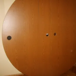 Nietypowa, okrągła szafa wnękowa z drewnianymi drzwiami i okrągłymi otworami zamiast uchwyt&oacute;w, wkomponowana w narożnik pokoju z parkietem.