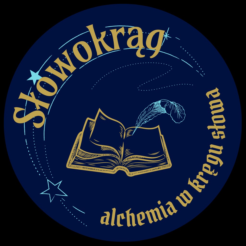 Okrągłe logo z otwartą księgą, piórem i napisem 'Słowokrąg alchemia w kręgu słowa' na granatowym tle.