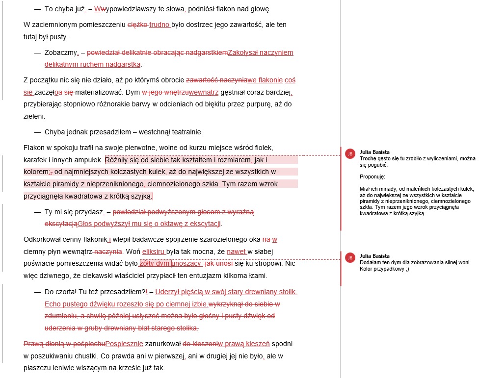 Przykład redakcji w trybie śledzenia zmian (Word).