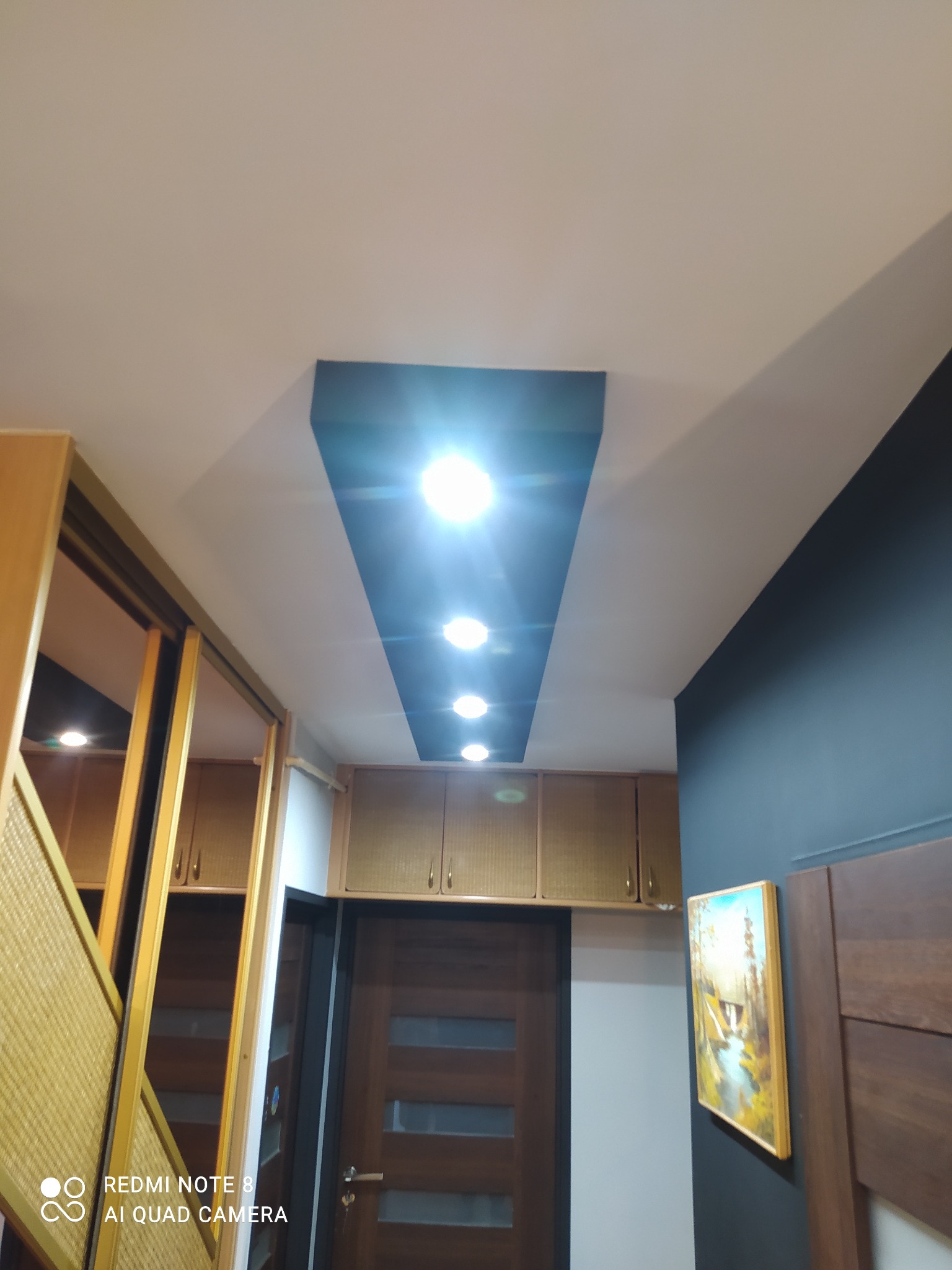 Wykończone wnętrze: sufit z podwieszaną konstrukcją z oświetleniem punktowym, szafy w zabudowie, ciemna ściana z obrazem w ramie, przesuwne drzwi szafy z plecionką.