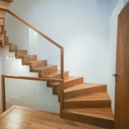 Drewniane schody z przezroczystą balustradą szklaną, oświetlenie punktowe pod schodami, drewniana podłoga i drzwi w tle.