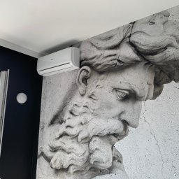 Klimatyczna Sfera Sp. z o.o. - Biały klimatyzator Haier zamontowany na ścianie z fototapetą przedstawiającą popiersie rzeźby, widok z dołu.