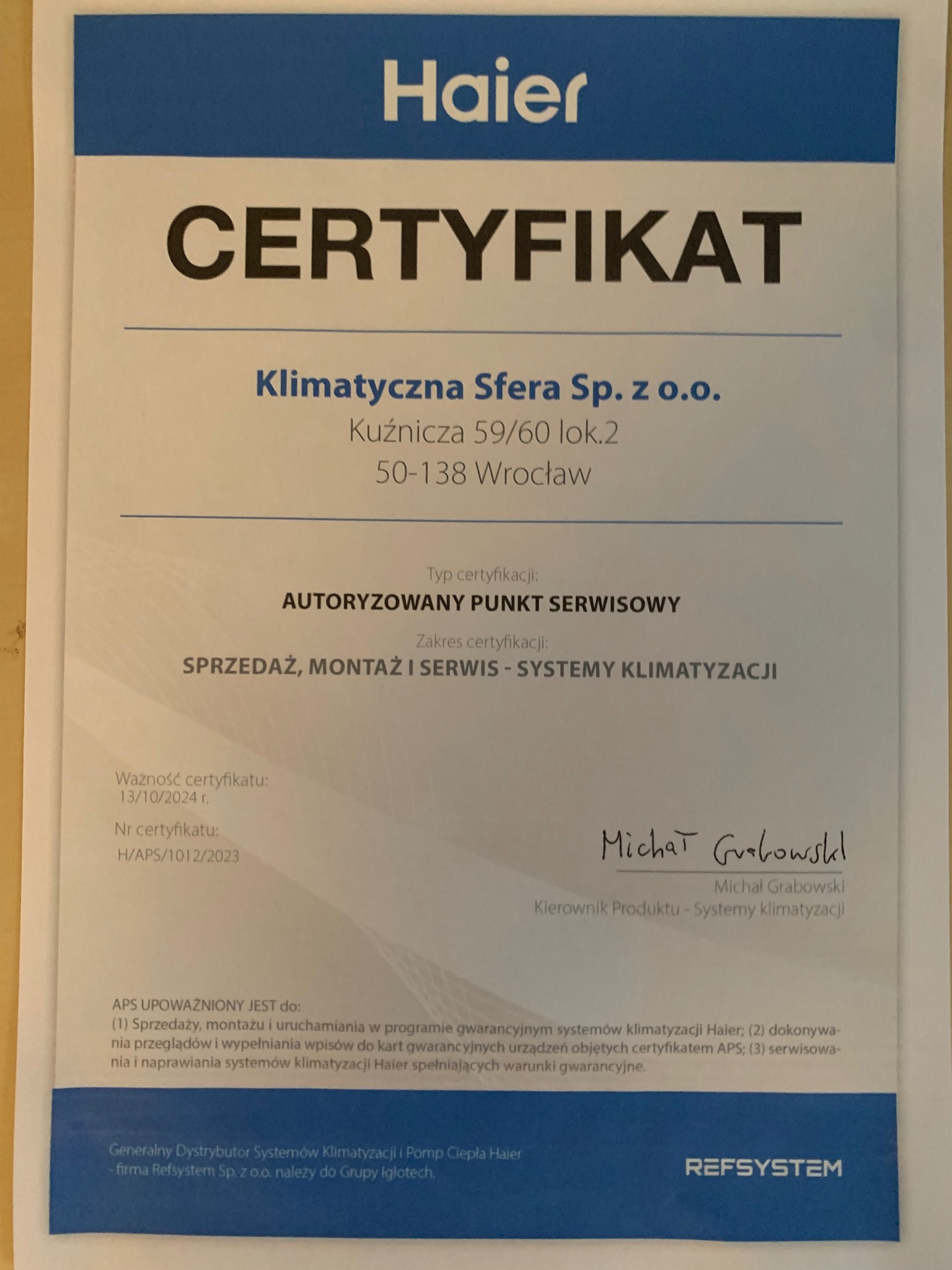 Certyfikat autoryzowanego punktu serwisowego Haier dla firmy Klimatyczna Sfera Sp. z o.o. z Wrocławia, uprawniający do sprzedaży, montażu i serwisu systemów klimatyzacji.
