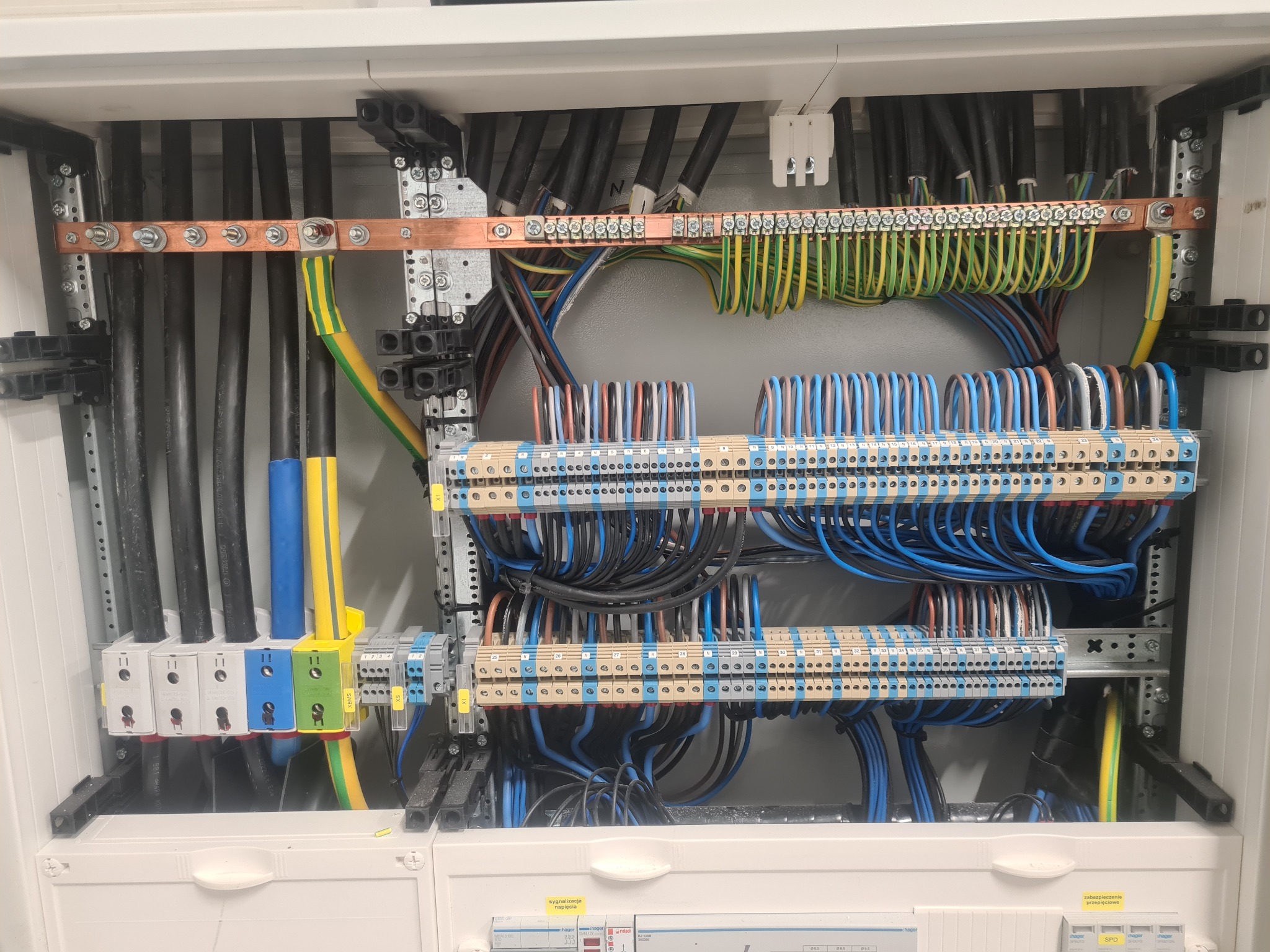 Rozdzielnia elektryczna z widocznymi przewodami o różnych kolorach, listwami zaciskowymi i elementami montażowymi, z naklejkami informacyjnymi w dolnej części.