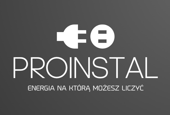 Logo firmy PROINSTAL z symbolem wtyczki i hasłem: Energia na którą możesz liczyć.