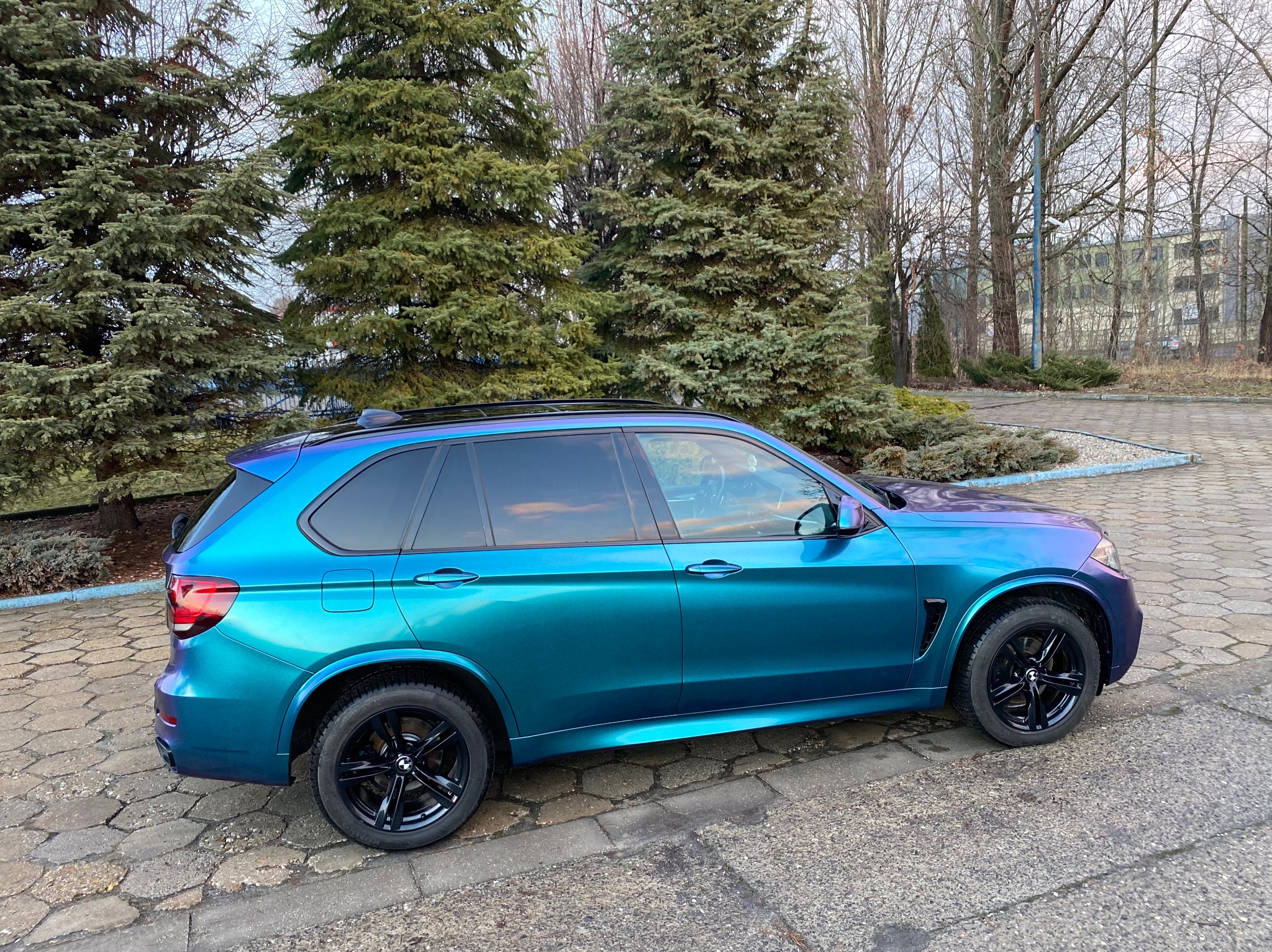 BMW X5 w folii zmieniającej kolor z turkusowego na fioletowy, zaparkowany na betonowym placu z drzewami iglastymi w tle.