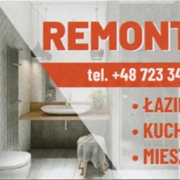 Reklama firmy remontowej z wizualizacją łazienki: toaleta, umywalka nablatowa na drewnianym blacie, grzejnik drabinkowy i dekoracyjne płytki na ścianie.