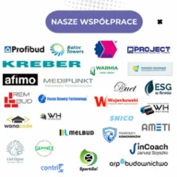 Zbiór logotypów firm partnerskich, w różnych kolorach i stylach, ułożonych na białym tle pod nagłówkiem 'Nasze Współprace'.