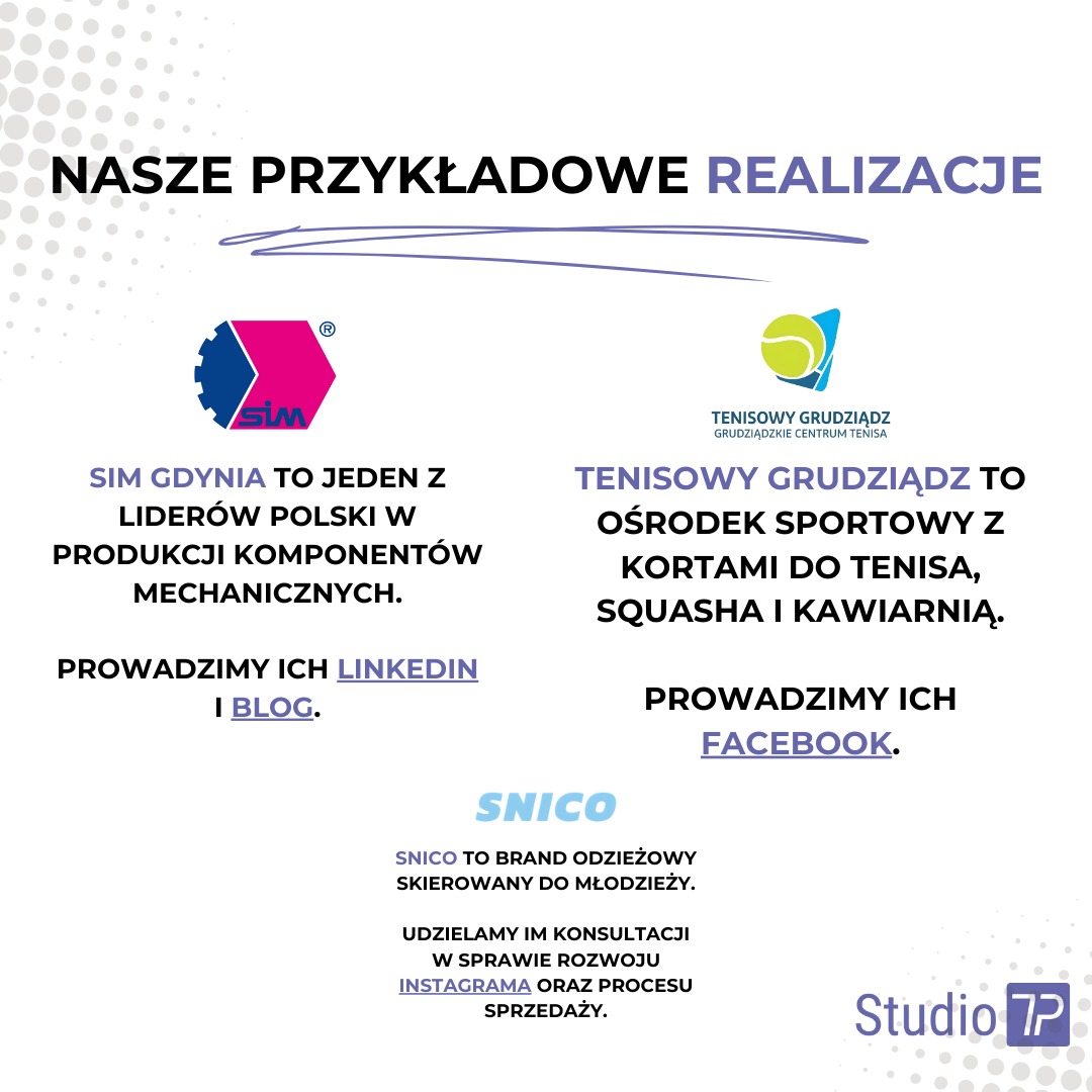Prezentacja przykładowych realizacji z logotypami firm SIM Gdynia, Tenisowy Grudziądz i SNICO, wraz z informacją o prowadzonych działaniach w mediach społecznościowych LinkedIn, Blog, Facebook...