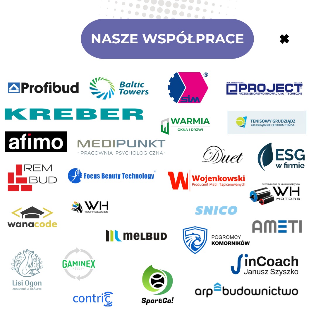 Zbiór logotypów firm partnerskich, w różnych kolorach i stylach, ułożonych na białym tle pod nagłówkiem 'Nasze Współprace'.