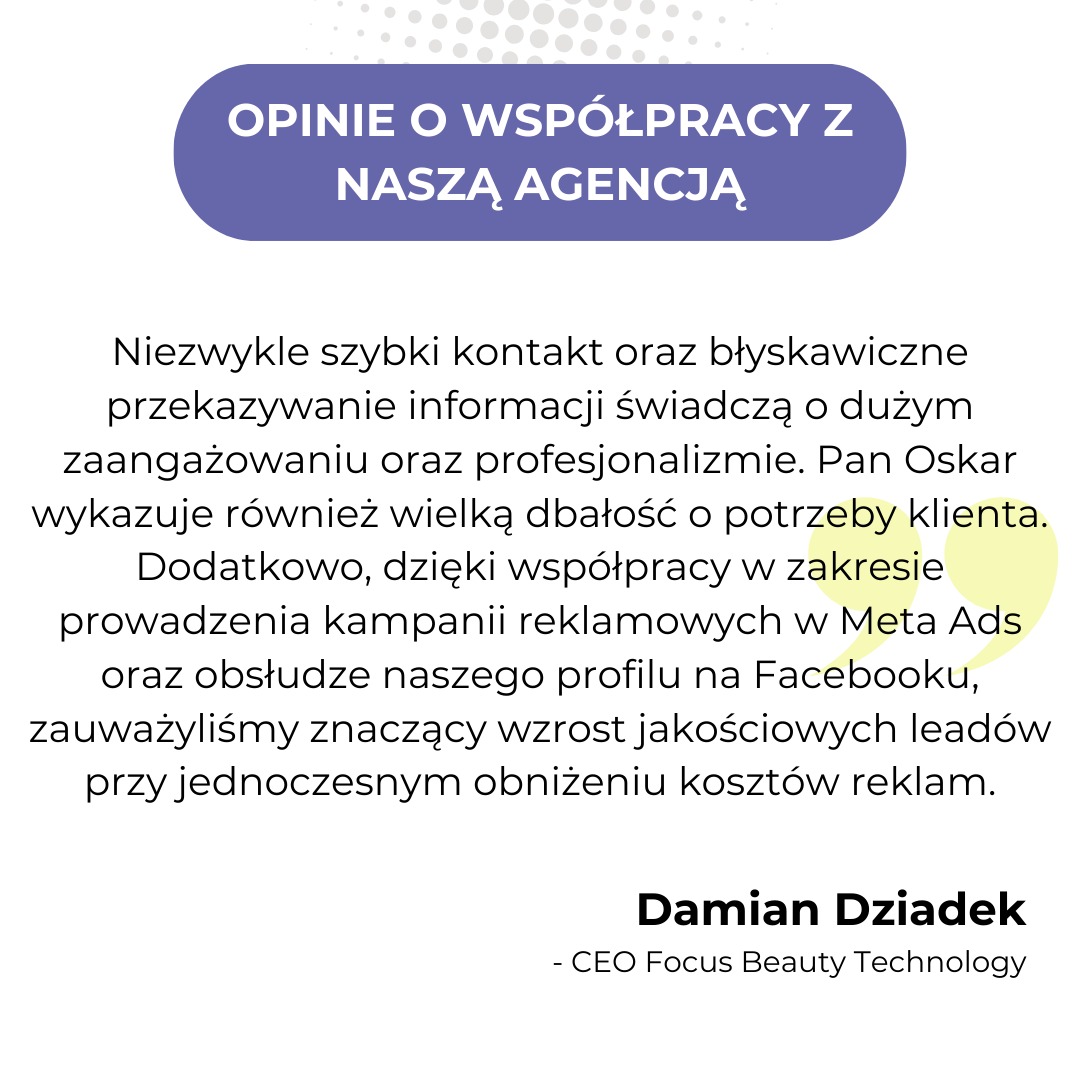 Grafika przedstawiająca rekomendację dla agencji, z tekstem opinii klienta o prowadzeniu kampanii reklamowych Meta Ads i obsłudze profilu na Facebooku, podkreślająca szybki kontakt i profesjonalizm.