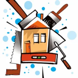 Ilustracja domu otoczonego narzędziami budowlanymi: piła, poziomica, pędzel i wałek malarski, z pomarańczowym dachem i drzwiami, na białym tle z niebieskimi kropkami.