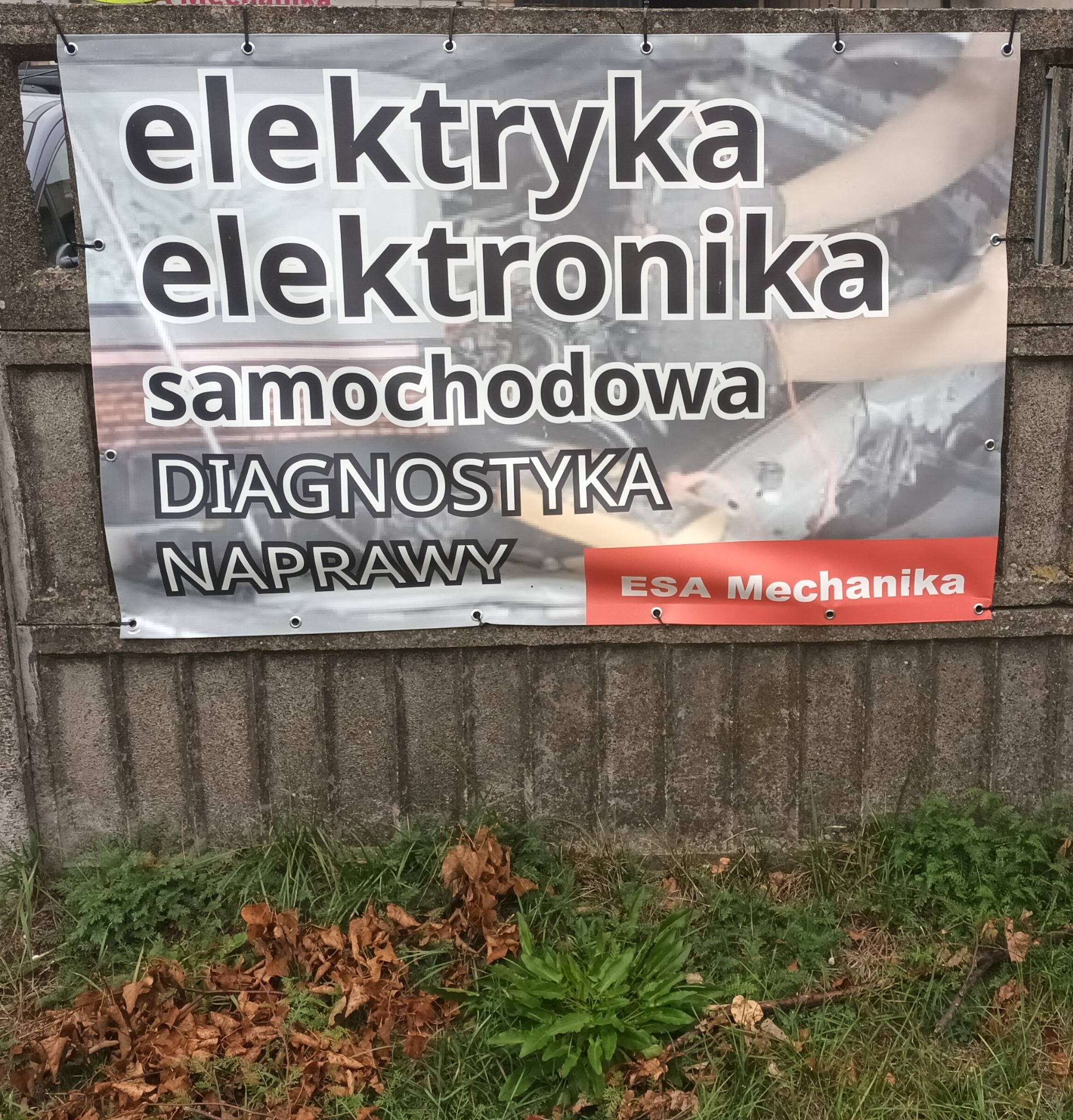 Baner reklamowy na betonowym ogrodzeniu, informujący o usługach: elektryka, elektronika samochodowa, diagnostyka, naprawy, z logo ESA Mechanika.