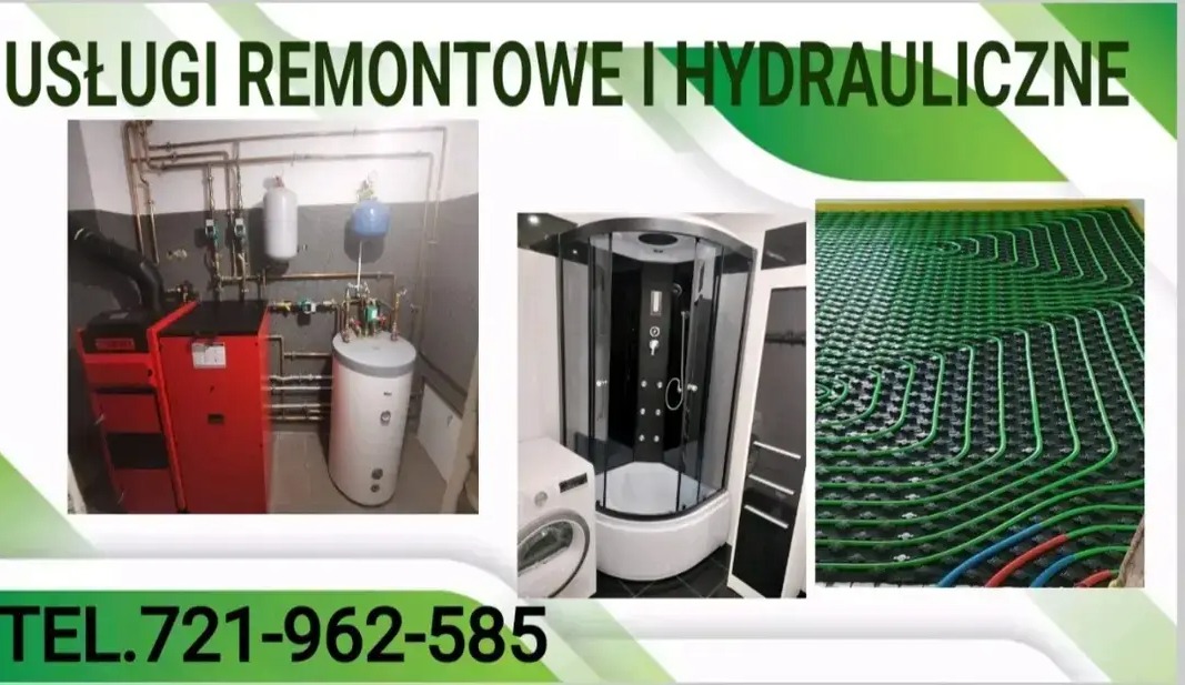 Usługi remontowe i hydrauliczne: kotłownia z piecem CO i bojlerem, kabina prysznicowa z pralką oraz ogrzewanie podłogowe z rurami w matach grzewczych.