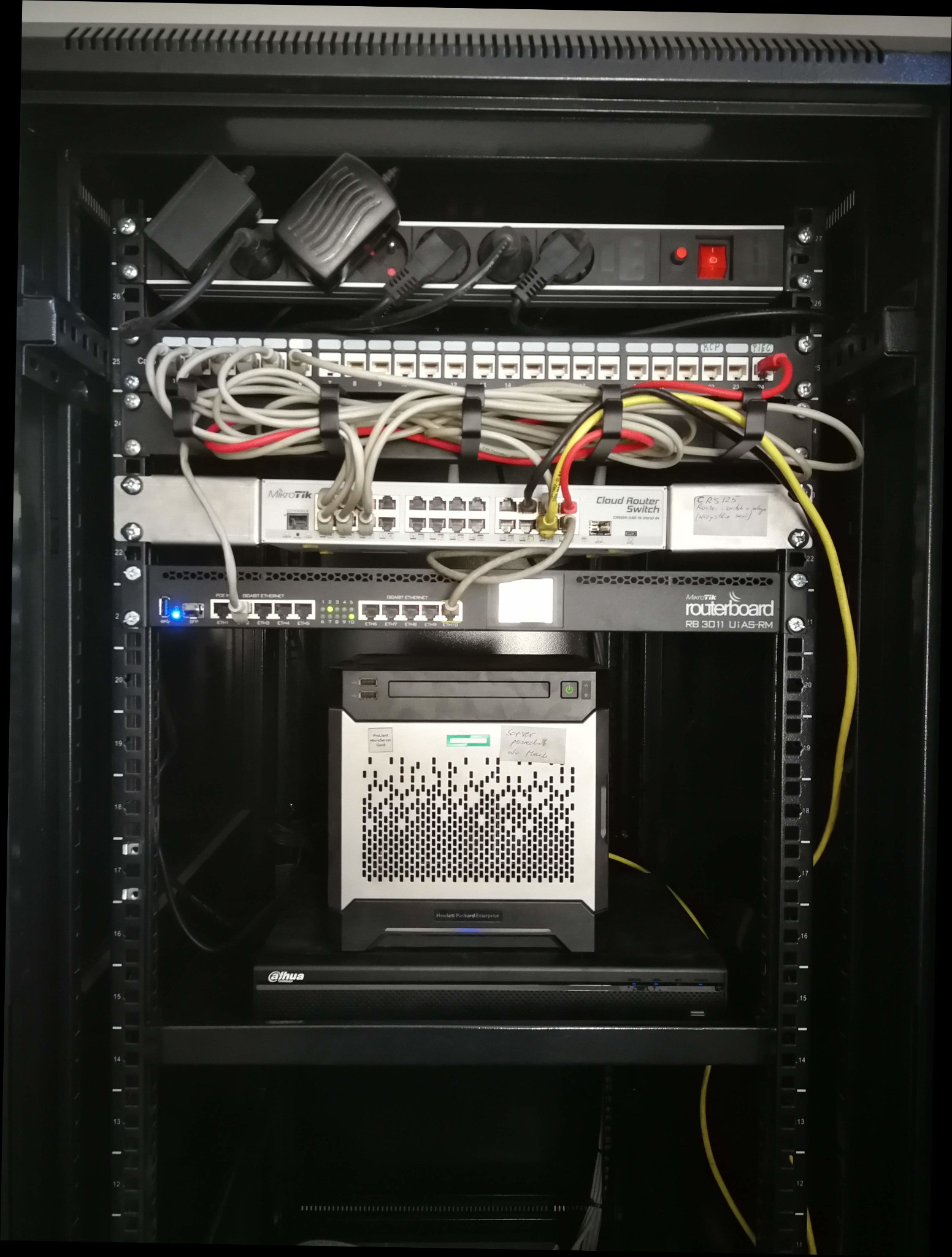 Serwer HPE MicroServer Gen8 umieszczony w szafie rack, nad nim routerboard MikroTik RB3011UiAS-RM i switch Cloud Router Switch CRS125, okablowanie sieciowe uporządkowane za pomocą opasek.