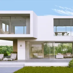 Nowoczesny, biały dom z dużymi przeszkleniami, widok z zewnątrz na taras z leżakami i wnętrze z meblami, minimalizm w architekturze i aranżacji wnętrz.