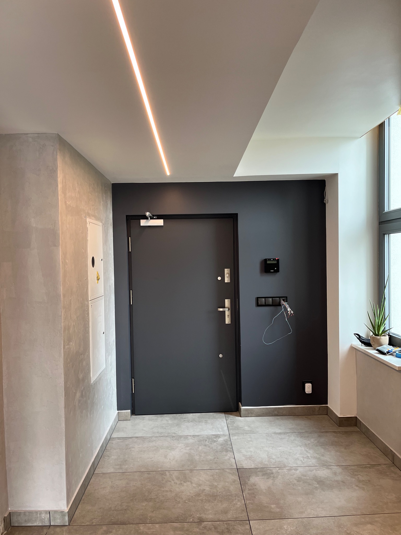 Nowoczesny przedpokój z szarą, gładką ścianą, wpuszczonym oświetleniem LED w suficie, ciemnymi drzwiami wejściowymi z zamontowanym wizjerem i czarnym panelem sterowania oraz rośliną w doniczce...