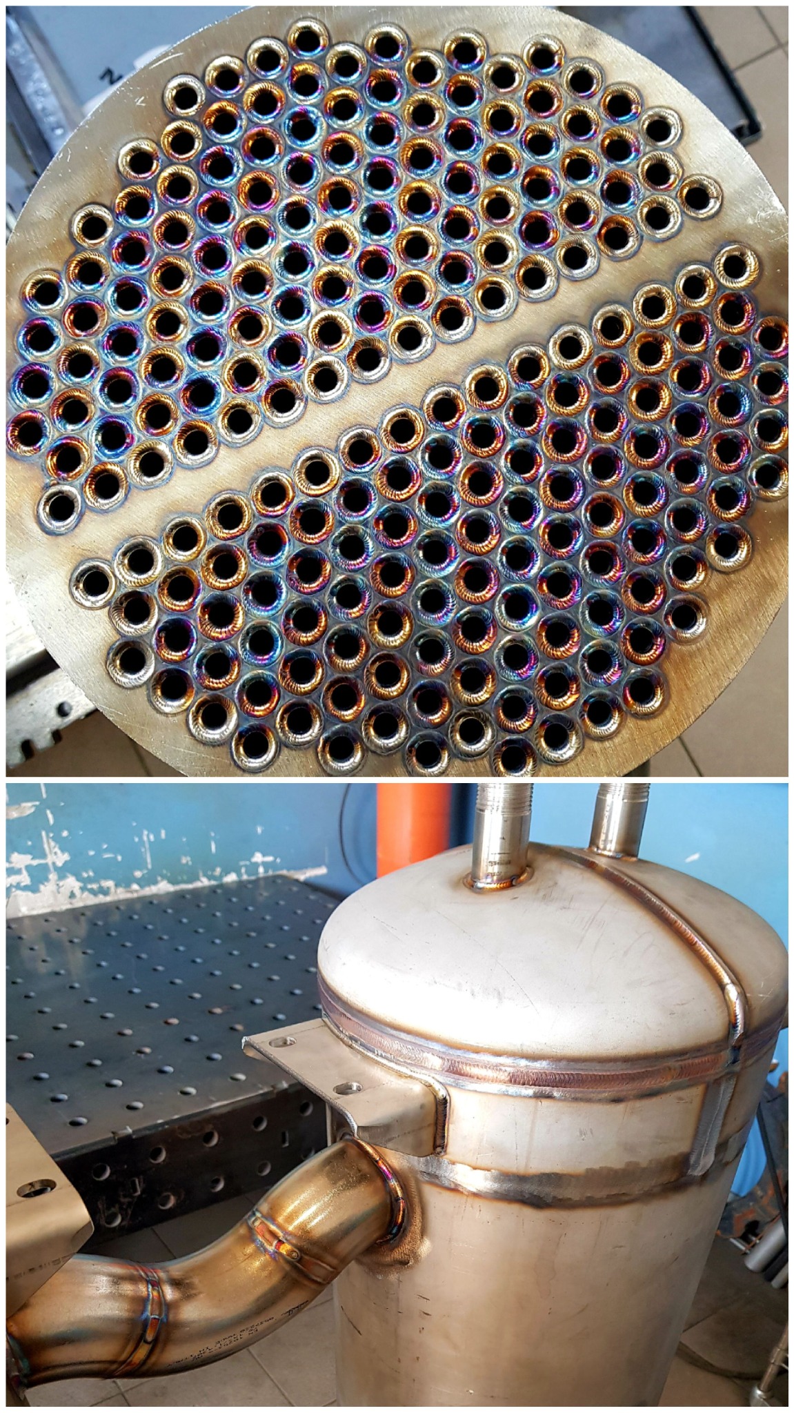 Wymiennik ciepła z widocznymi wieloma otworami po spawaniu, charakteryzującymi się tęczowymi przebarwieniami na metalu, oraz spawany zbiornik z rurami, również z widocznymi śladami spawania...