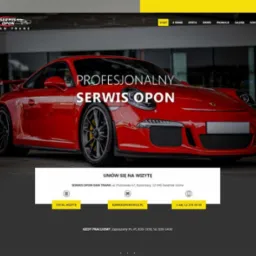 Strona internetowa serwisu opon z czerwonym sportowym samochodem w tle, widoczne menu nawigacyjne i dane kontaktowe.