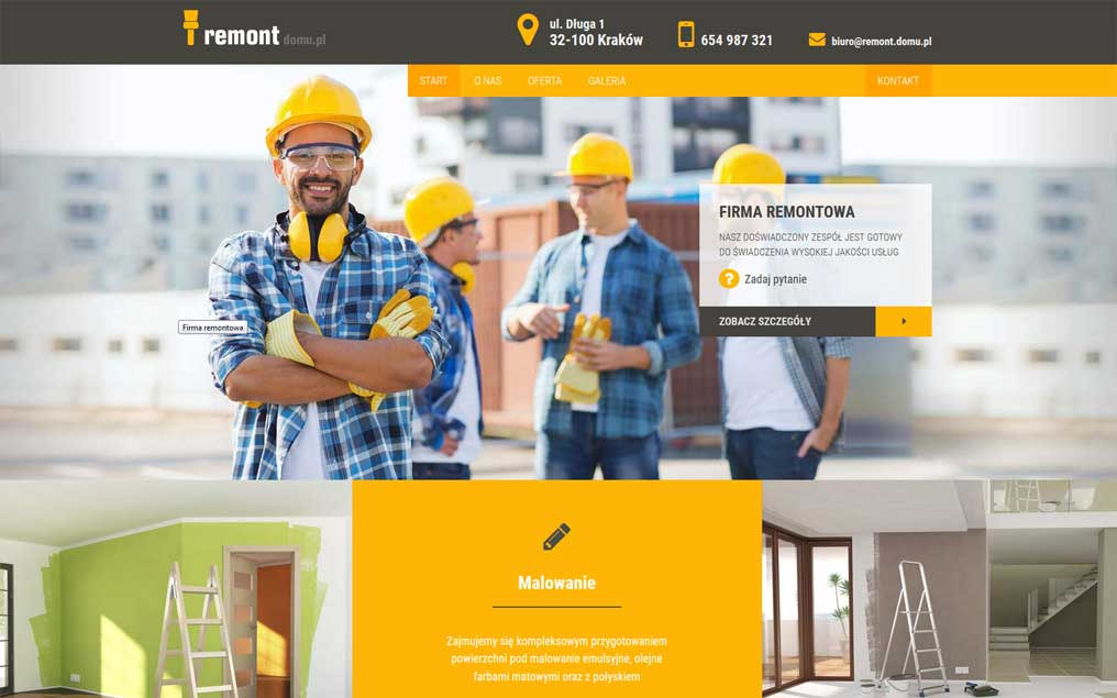 Strona internetowa firmy remontowej z uśmiechniętym pracownikiem w kasku i słuchawkach na pierwszym planie, prezentująca usługi malowania i renowacji wnętrz.