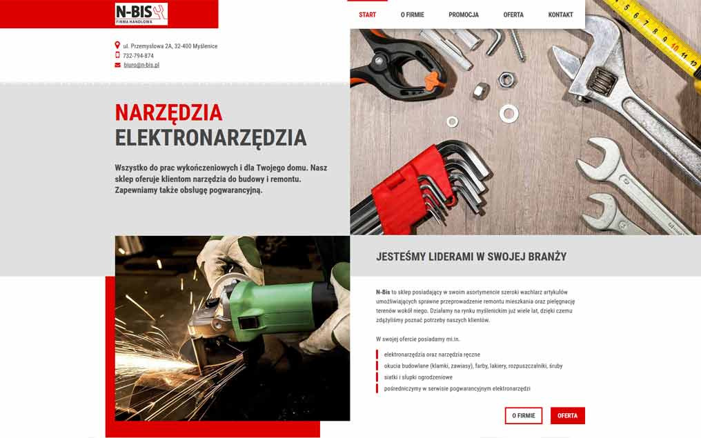 Strona internetowa firmy N-BIS oferującej narzędzia i elektronarzędzia, prezentująca ofertę z użyciem szlifierki kątowej w akcji oraz zestawu kluczy i narzędzi.