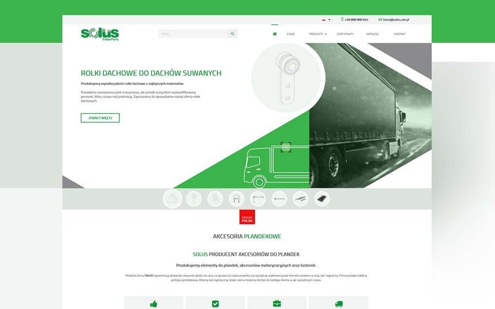 Strona internetowa producenta akcesoriów do plandek samochodowych, prezentująca rolki dachowe, z ilustracją ciężarówki w tle i elementami graficznymi w kolorze zielonym.