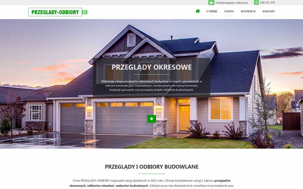 Strona internetowa firmy oferującej przeglądy okresowe budynków, z wizualizacją domu jednorodzinnego z dwustanowiskowym garażem i zadbanym ogrodem, prezentująca usługi konstrukcyjno-budowlane...