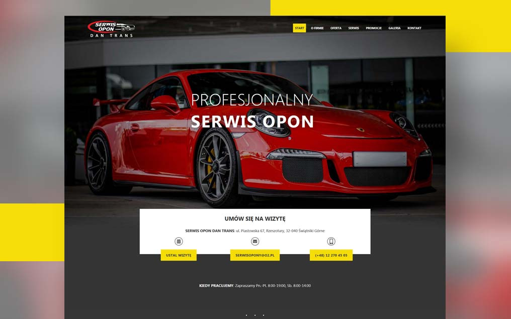 Strona internetowa serwisu opon z czerwonym sportowym samochodem w tle, widoczne menu nawigacyjne i dane kontaktowe.