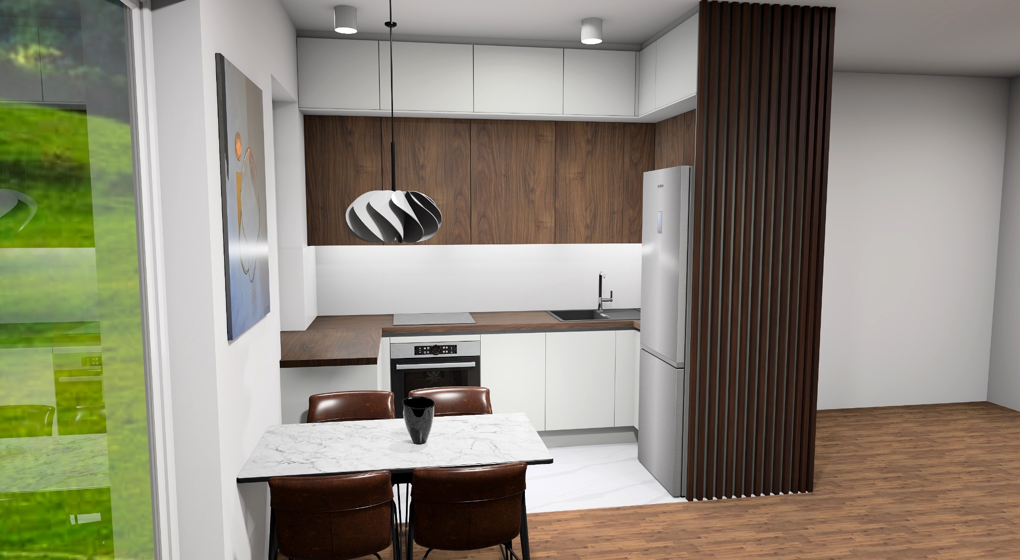Wizualizacja nowoczesnej kuchni z drewnianymi i białymi szafkami, marmurowym stołem jadalnianym i designerską lampą wiszącą.